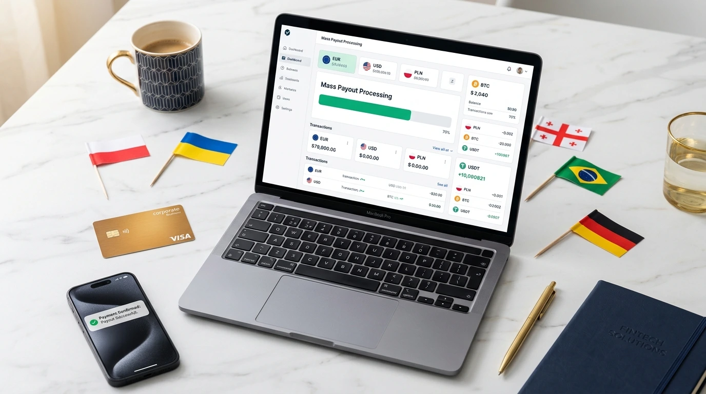 Volet dla firm – dashboard masowych płatności z kartą korporacyjną Visa i wieloma walutami na biurku biznesowym 2026